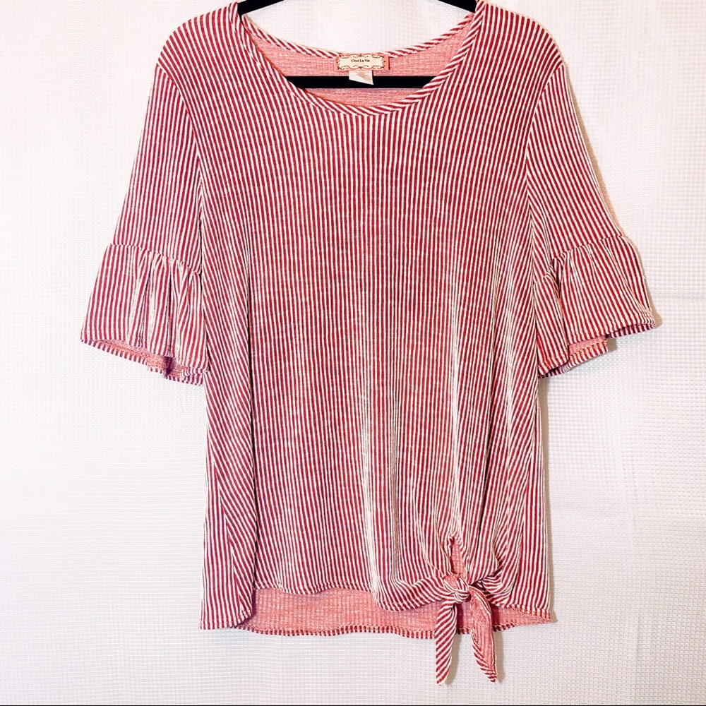 Pink and White Striped Bottom Knot Shirt Blouse